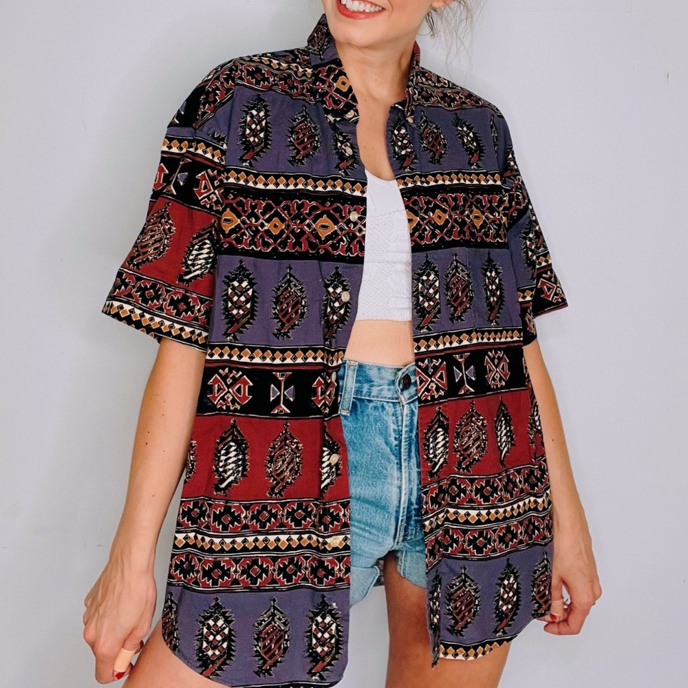 VINTAGE | Art Deco Western Cotton Button Down Oversized Short Sleeve Shirt Top
